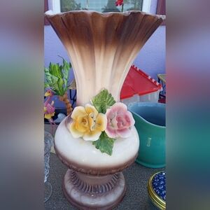 Vintage Italian Capodimonte Vase Tall Flower Trim Fluted Floral Large
